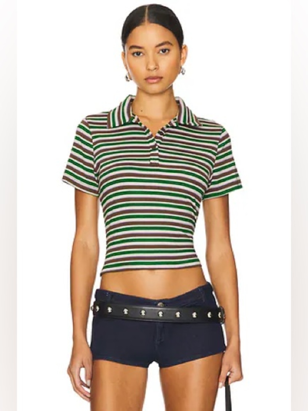NEW Jaded London Mila Striped Short Sleeve Polo Shirt in Green Multi